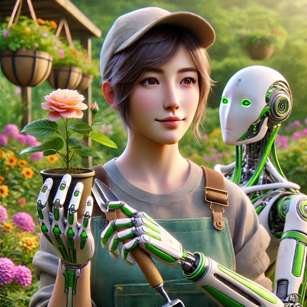 Gardenia Guide, a realistic AI persona blending human and robotic elements, holding a trowel and nurturing a plant in a lush garden setting.