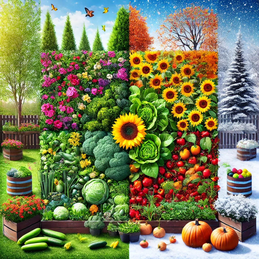 seasonal garden divided into four quadrants, each representing a different season_ spring with blooming flowers and fresh greens, summer wit